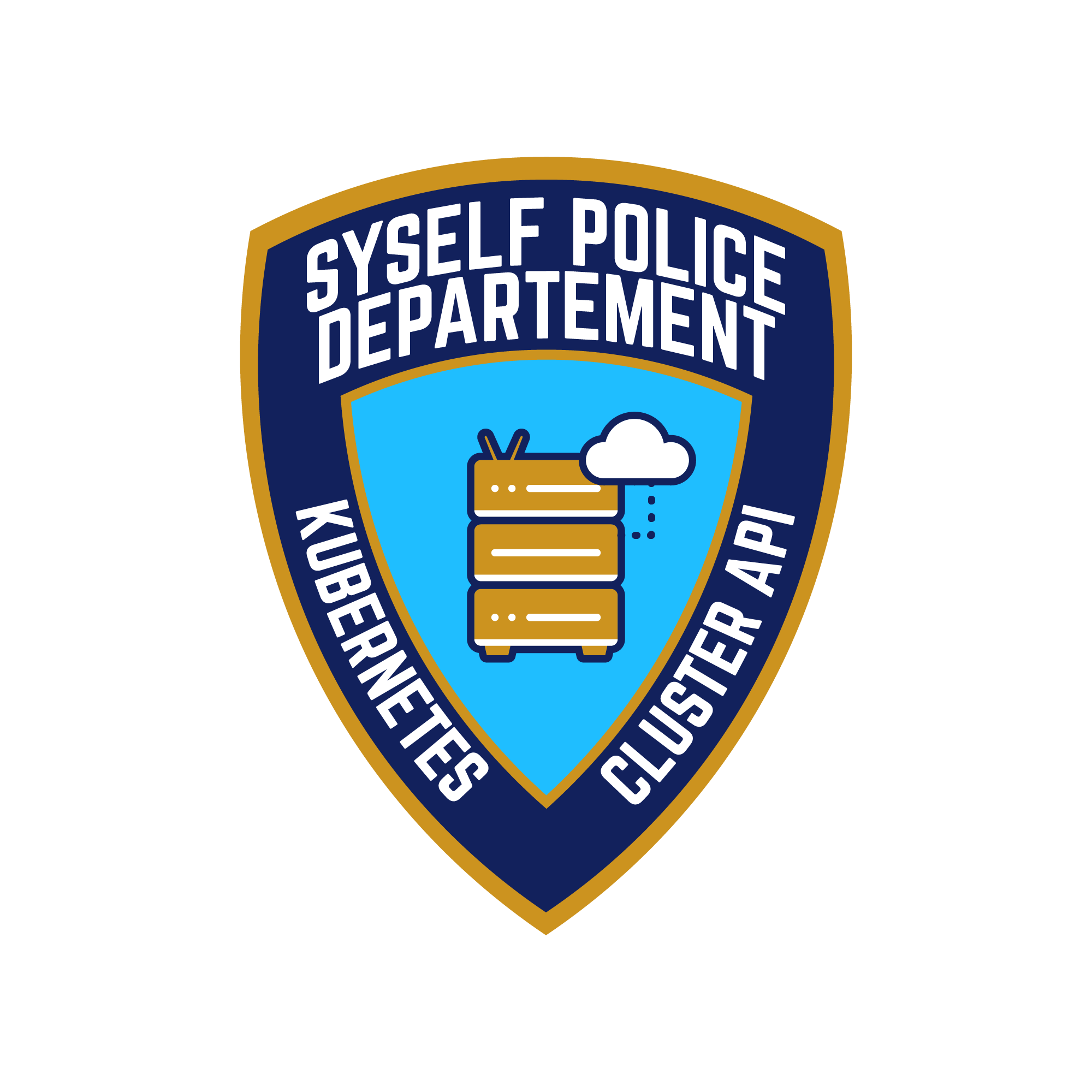 Badge of Syself Police Department with a stack of servers and a cloud icon in the middle.