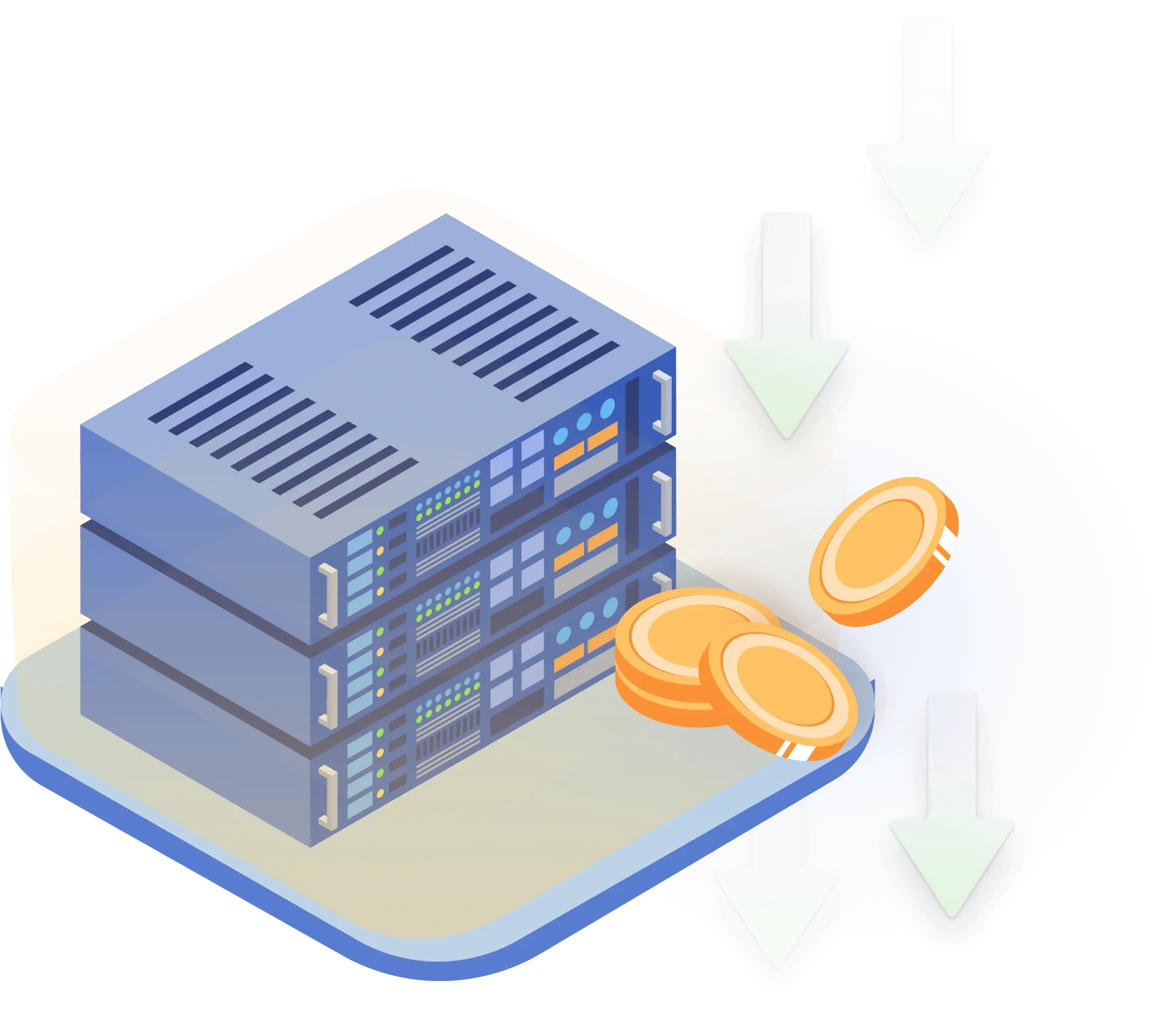 baremetal servers with coins falling, symbolizing cost savings and efficiency.