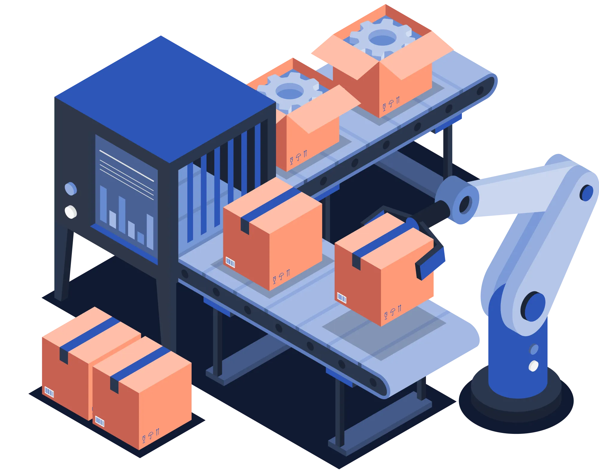 Boxes full of cogs, going through a conveyor belt to be packaged, next to a robot arm