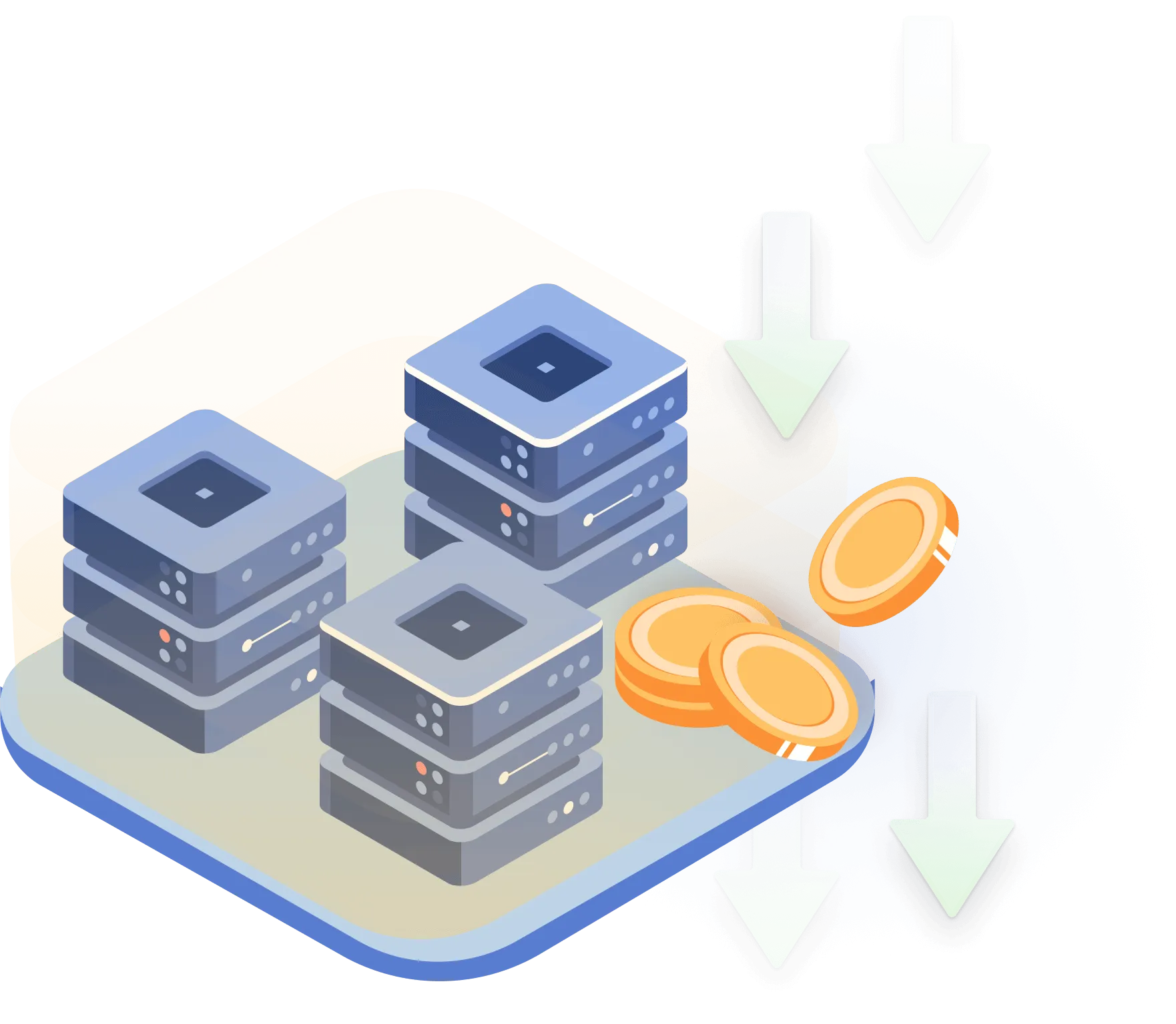 A group of 3 servers floating on a platform, with coins next to them and arrows pointing downwards