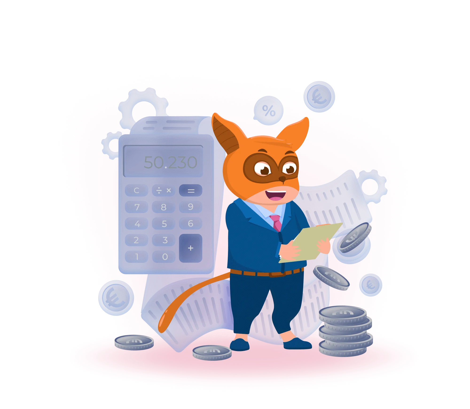 Syselfie wearing a suit and a tie, surrounded by a calculator, bills, coins and cogs