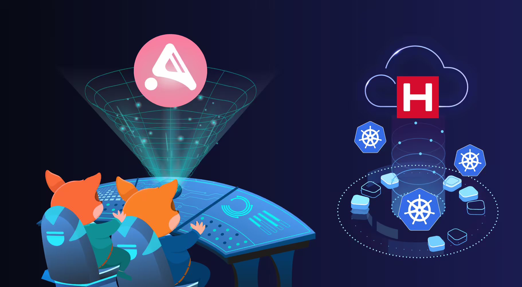 Illustration of Syself foxes at a control console operating Autopilot, which manages Kubernetes clusters on Hetzner
